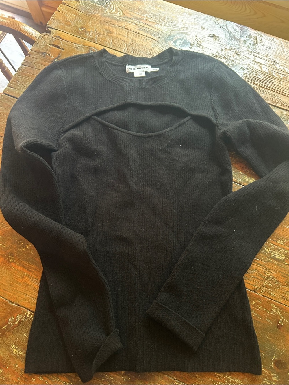 Good American Black Ribbed Crewneck Sweater with Chest Cutout